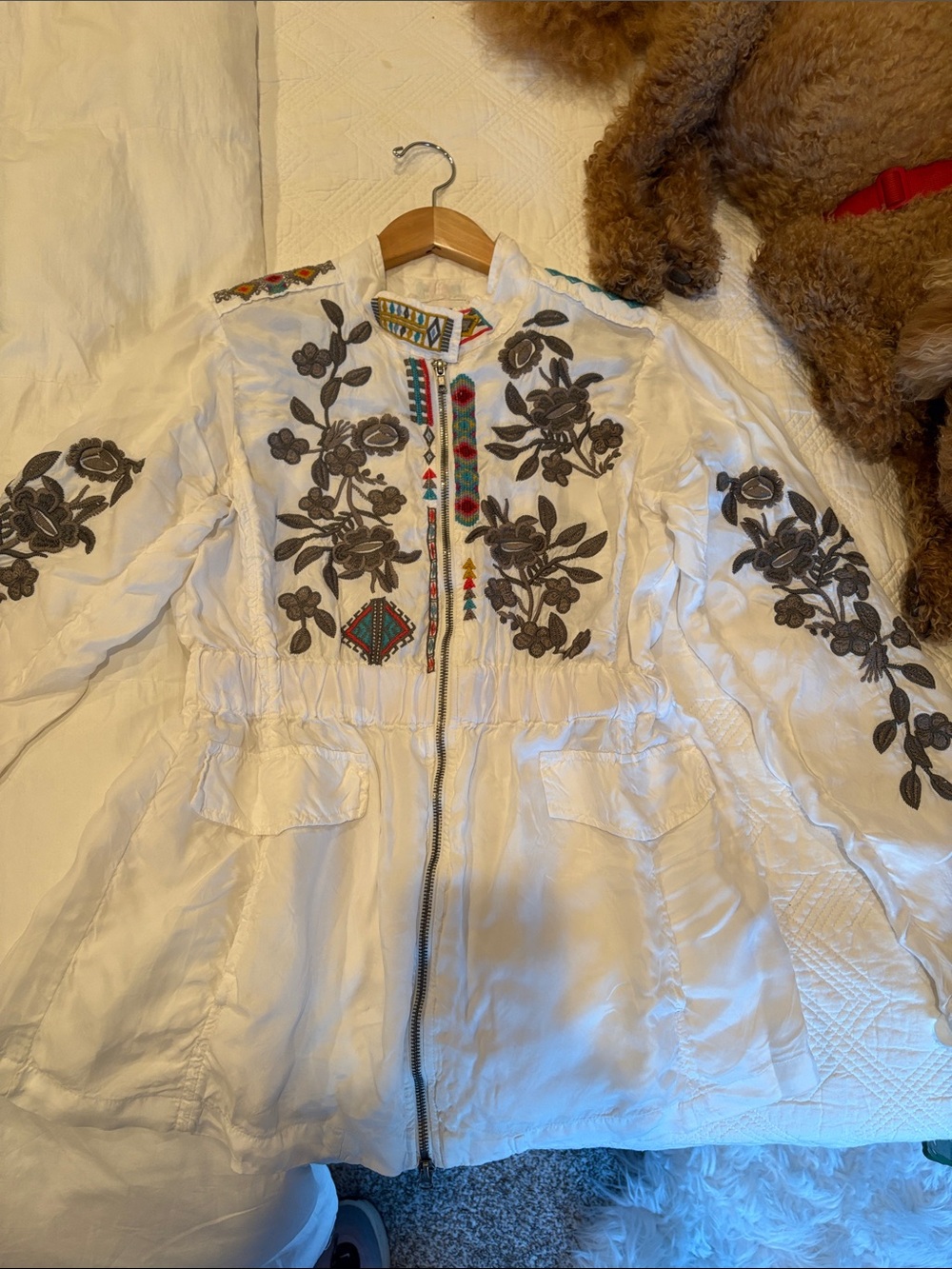 Johnny Was White Boho Utility Jacket S with Floral Embroidery